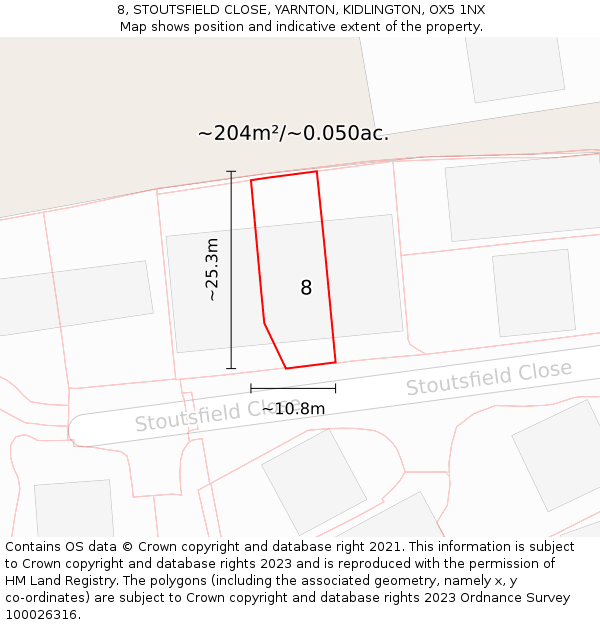 8, STOUTSFIELD CLOSE, YARNTON, KIDLINGTON, OX5 1NX: Plot and title map