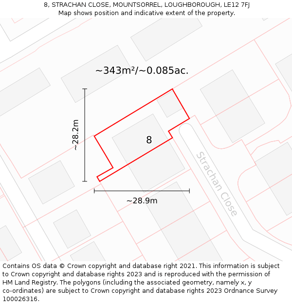8, STRACHAN CLOSE, MOUNTSORREL, LOUGHBOROUGH, LE12 7FJ: Plot and title map