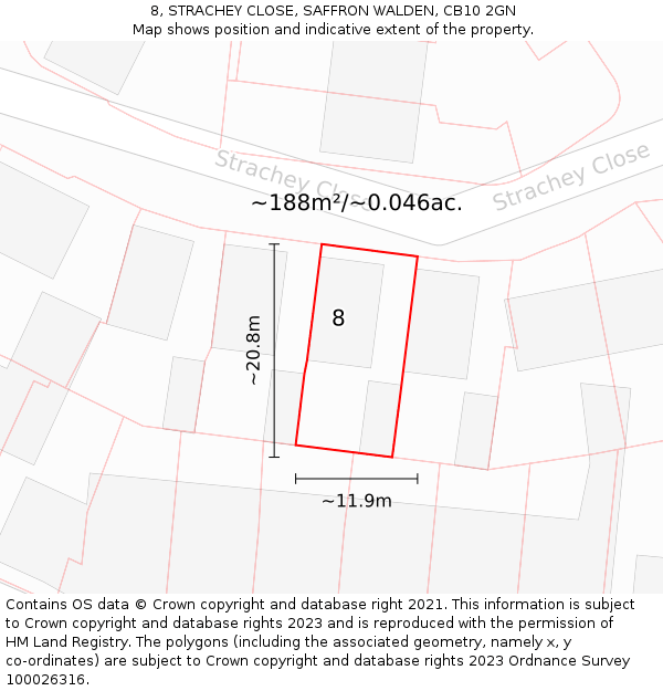 8, STRACHEY CLOSE, SAFFRON WALDEN, CB10 2GN: Plot and title map