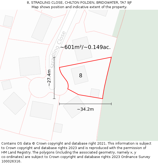 8, STRADLING CLOSE, CHILTON POLDEN, BRIDGWATER, TA7 9JF: Plot and title map