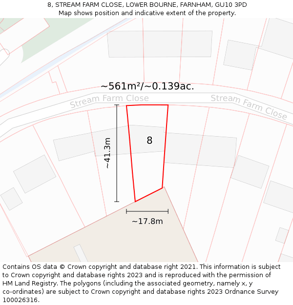 8, STREAM FARM CLOSE, LOWER BOURNE, FARNHAM, GU10 3PD: Plot and title map