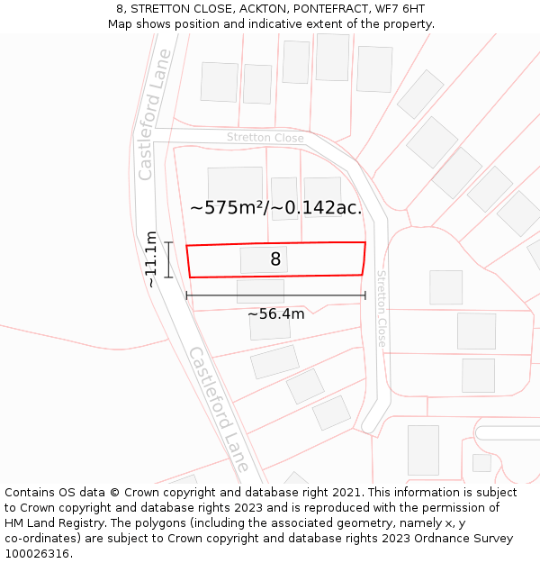 8, STRETTON CLOSE, ACKTON, PONTEFRACT, WF7 6HT: Plot and title map