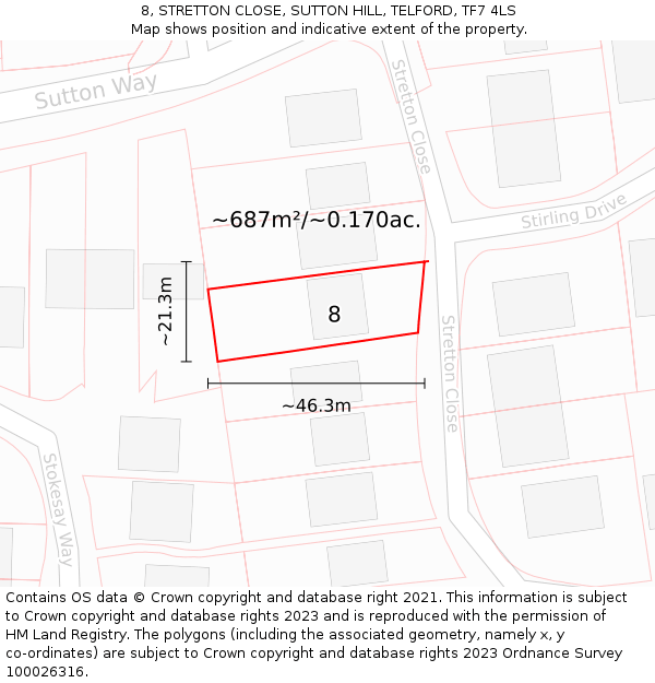 8, STRETTON CLOSE, SUTTON HILL, TELFORD, TF7 4LS: Plot and title map