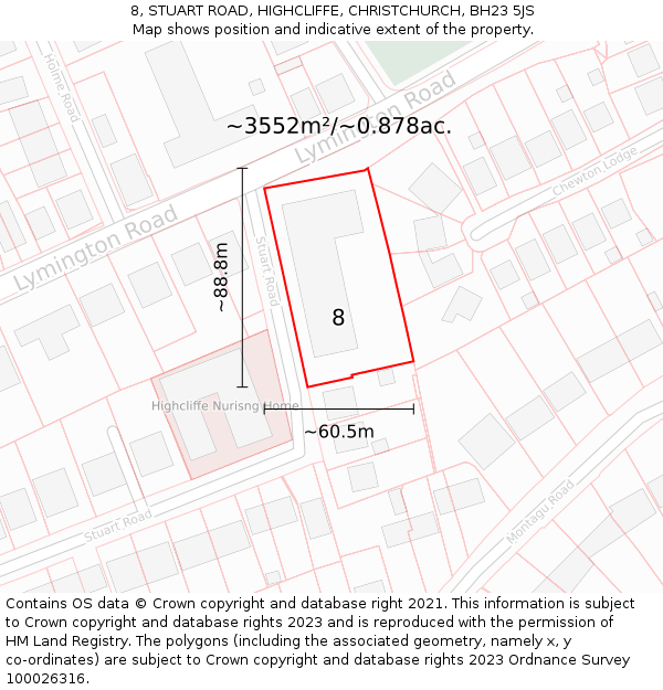 8, STUART ROAD, HIGHCLIFFE, CHRISTCHURCH, BH23 5JS: Plot and title map