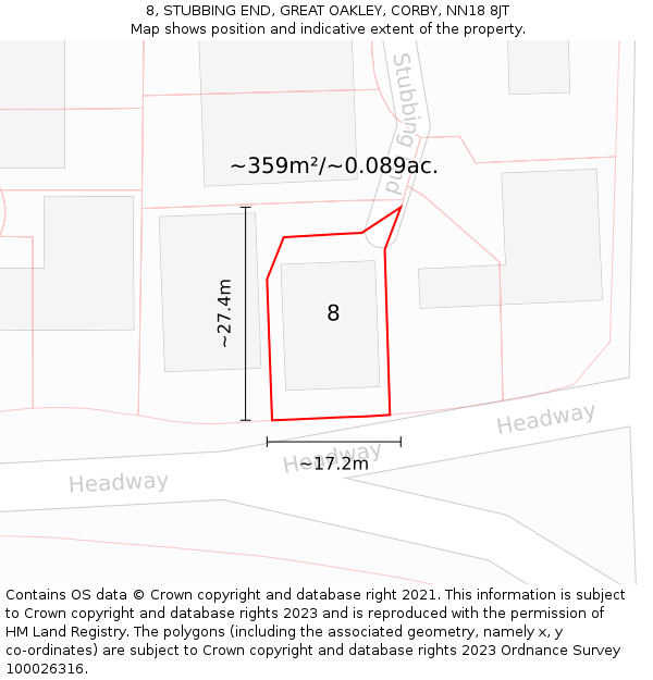 8, STUBBING END, GREAT OAKLEY, CORBY, NN18 8JT: Plot and title map