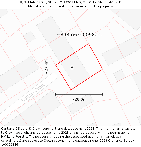8, SULTAN CROFT, SHENLEY BROOK END, MILTON KEYNES, MK5 7FD: Plot and title map