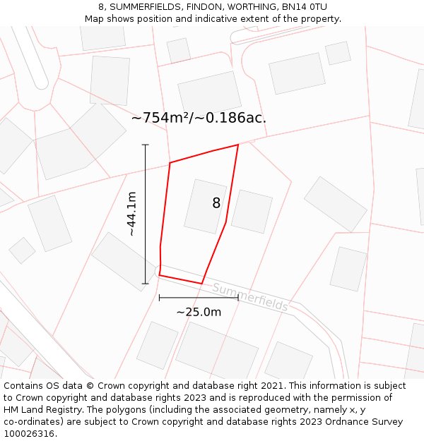 8, SUMMERFIELDS, FINDON, WORTHING, BN14 0TU: Plot and title map