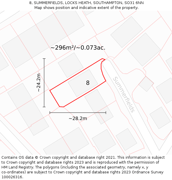 8, SUMMERFIELDS, LOCKS HEATH, SOUTHAMPTON, SO31 6NN: Plot and title map