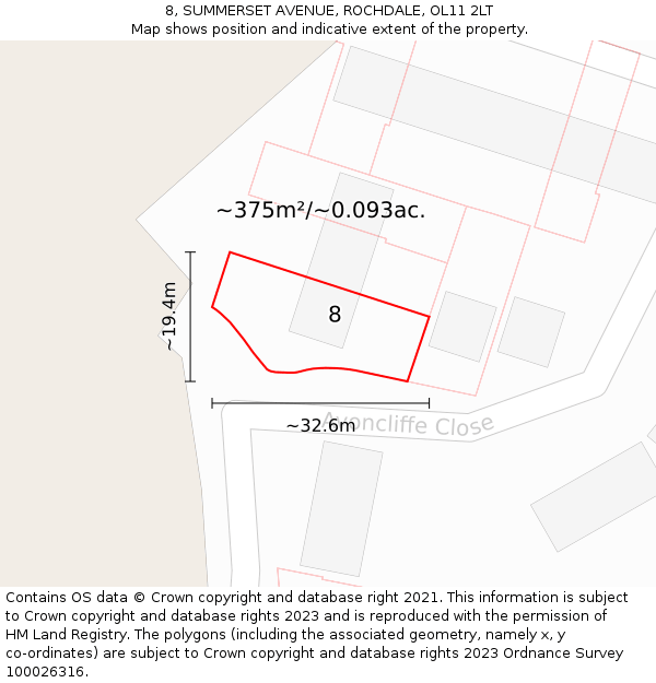 8, SUMMERSET AVENUE, ROCHDALE, OL11 2LT: Plot and title map