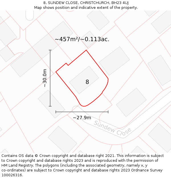 8, SUNDEW CLOSE, CHRISTCHURCH, BH23 4UJ: Plot and title map