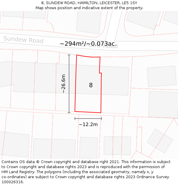 8, SUNDEW ROAD, HAMILTON, LEICESTER, LE5 1SY: Plot and title map
