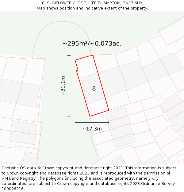 8, SUNFLOWER CLOSE, LITTLEHAMPTON, BN17 6UY: Plot and title map