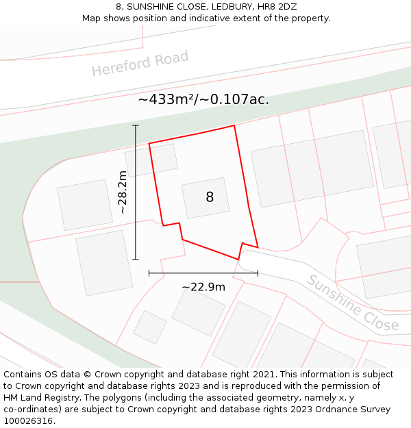 8, SUNSHINE CLOSE, LEDBURY, HR8 2DZ: Plot and title map