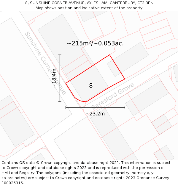 8, SUNSHINE CORNER AVENUE, AYLESHAM, CANTERBURY, CT3 3EN: Plot and title map