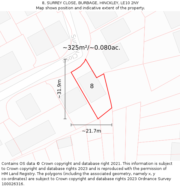 8, SURREY CLOSE, BURBAGE, HINCKLEY, LE10 2NY: Plot and title map