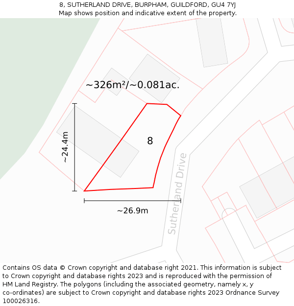 8, SUTHERLAND DRIVE, BURPHAM, GUILDFORD, GU4 7YJ: Plot and title map