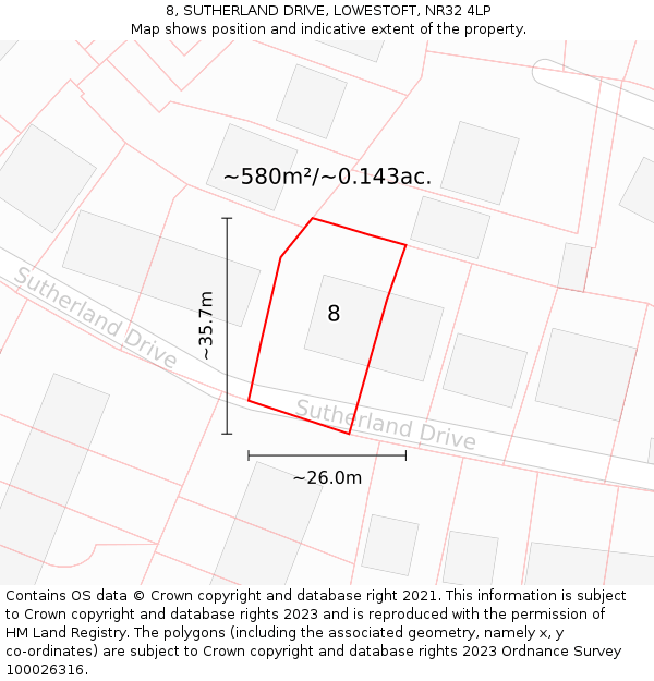 8, SUTHERLAND DRIVE, LOWESTOFT, NR32 4LP: Plot and title map