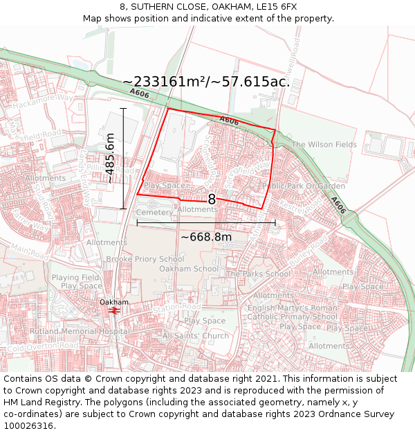 8, SUTHERN CLOSE, OAKHAM, LE15 6FX: Plot and title map