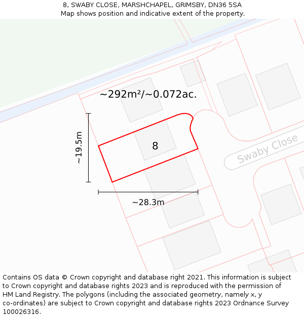 8, SWABY CLOSE, MARSHCHAPEL, GRIMSBY, DN36 5SA: Plot and title map