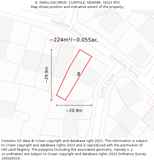 8, SWALLOW DRIVE, CLAYPOLE, NEWARK, NG23 5FG: Plot and title map