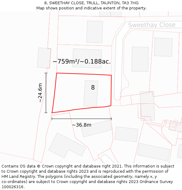 8, SWEETHAY CLOSE, TRULL, TAUNTON, TA3 7HG: Plot and title map