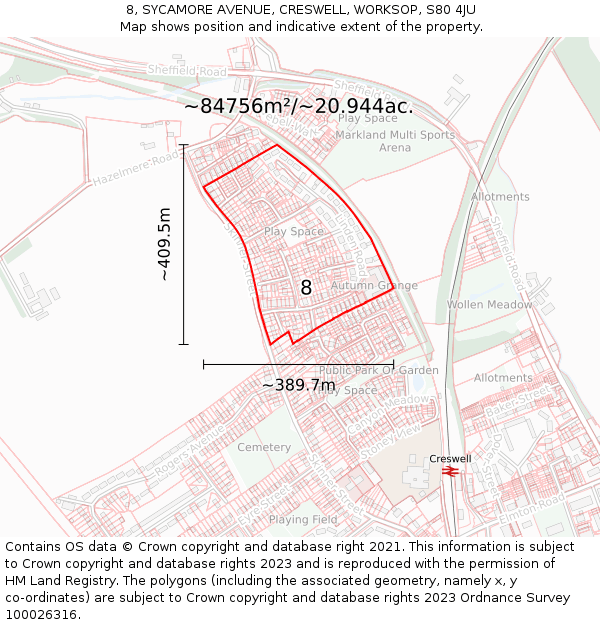 8, SYCAMORE AVENUE, CRESWELL, WORKSOP, S80 4JU: Plot and title map