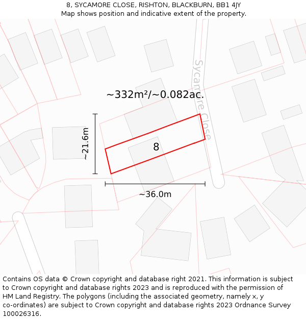 8, SYCAMORE CLOSE, RISHTON, BLACKBURN, BB1 4JY: Plot and title map