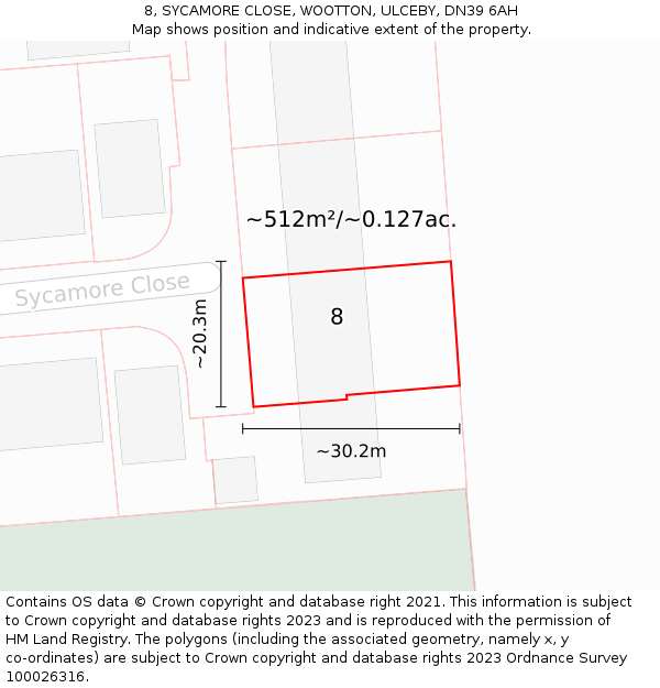 8, SYCAMORE CLOSE, WOOTTON, ULCEBY, DN39 6AH: Plot and title map