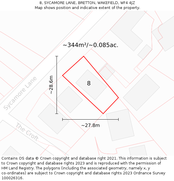 8, SYCAMORE LANE, BRETTON, WAKEFIELD, WF4 4JZ: Plot and title map