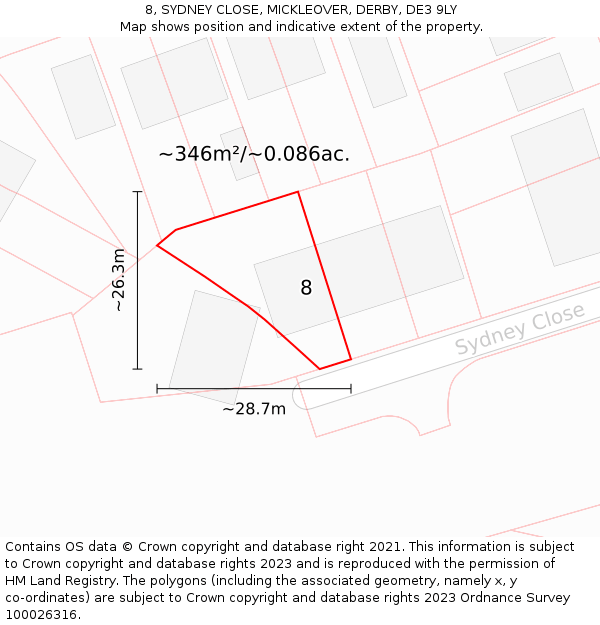 8, SYDNEY CLOSE, MICKLEOVER, DERBY, DE3 9LY: Plot and title map