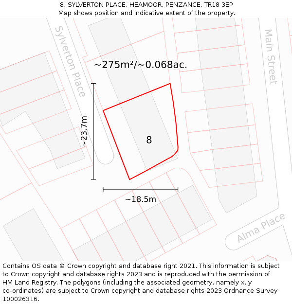 8, SYLVERTON PLACE, HEAMOOR, PENZANCE, TR18 3EP: Plot and title map