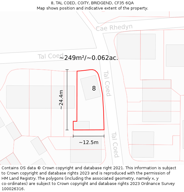 8, TAL COED, COITY, BRIDGEND, CF35 6QA: Plot and title map