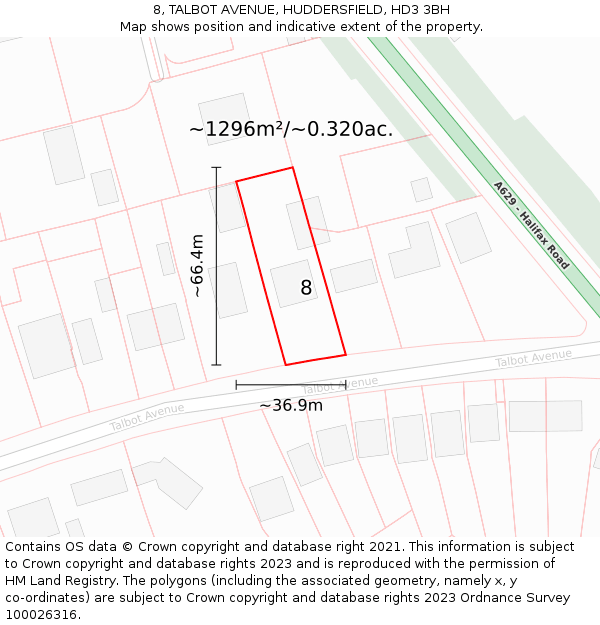 8, TALBOT AVENUE, HUDDERSFIELD, HD3 3BH: Plot and title map