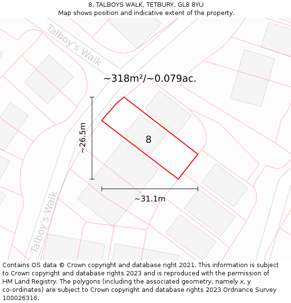 8, TALBOYS WALK, TETBURY, GL8 8YU: Plot and title map