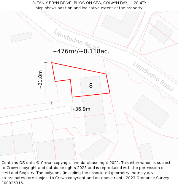 8, TAN Y BRYN DRIVE, RHOS ON SEA, COLWYN BAY, LL28 4TY: Plot and title map