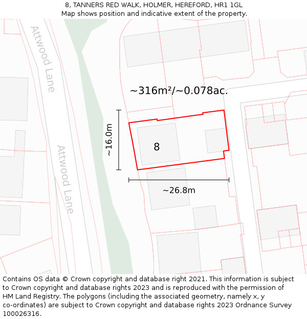 8, TANNERS RED WALK, HOLMER, HEREFORD, HR1 1GL: Plot and title map