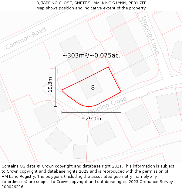 8, TAPPING CLOSE, SNETTISHAM, KING'S LYNN, PE31 7FF: Plot and title map