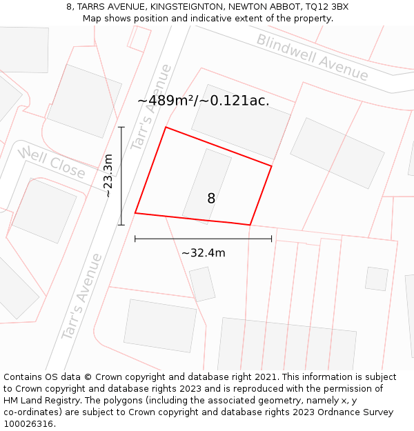 8, TARRS AVENUE, KINGSTEIGNTON, NEWTON ABBOT, TQ12 3BX: Plot and title map