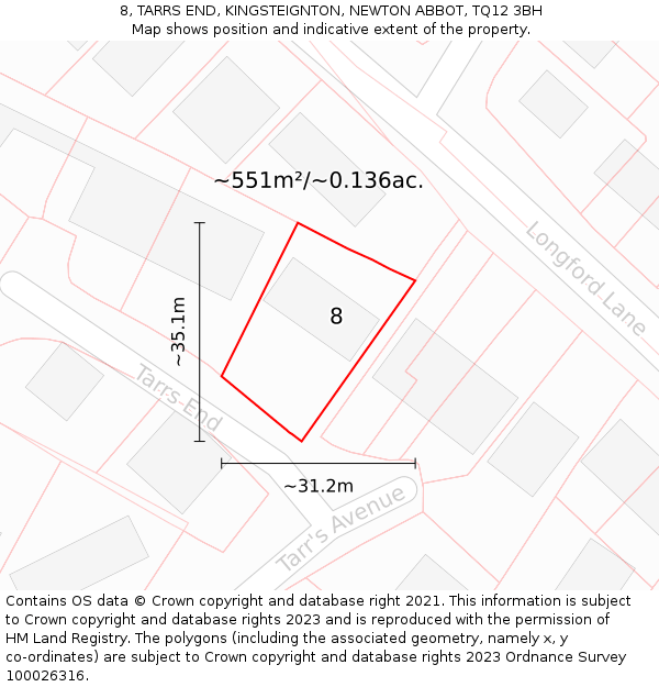 8, TARRS END, KINGSTEIGNTON, NEWTON ABBOT, TQ12 3BH: Plot and title map