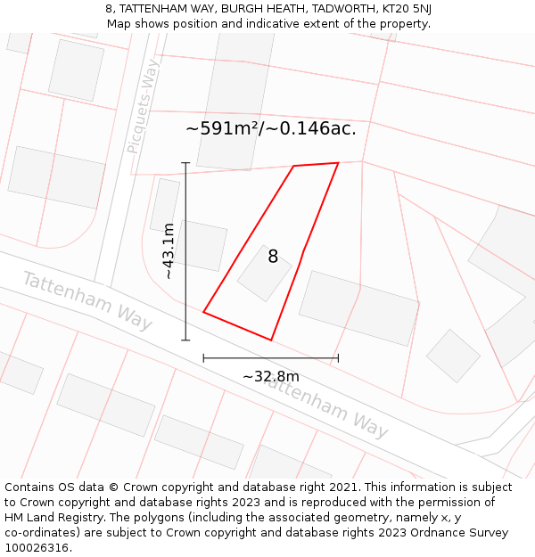 8, TATTENHAM WAY, BURGH HEATH, TADWORTH, KT20 5NJ: Plot and title map