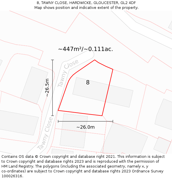 8, TAWNY CLOSE, HARDWICKE, GLOUCESTER, GL2 4DF: Plot and title map