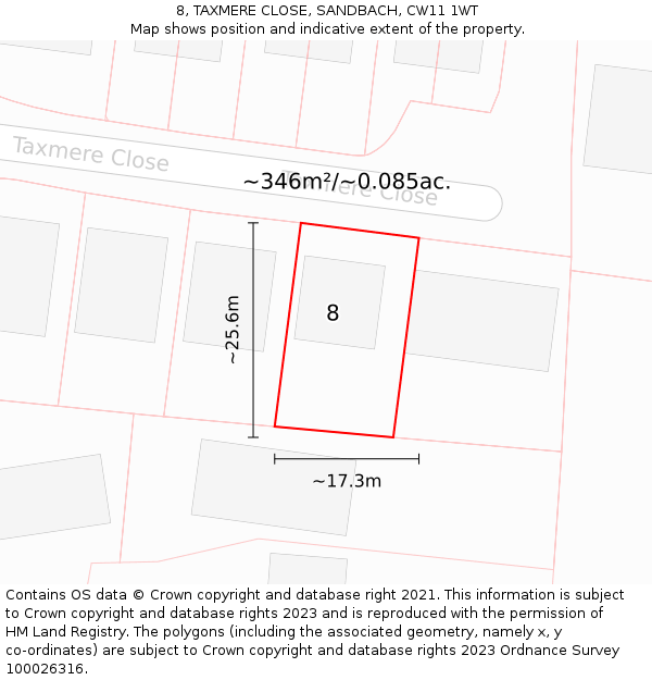 8, TAXMERE CLOSE, SANDBACH, CW11 1WT: Plot and title map