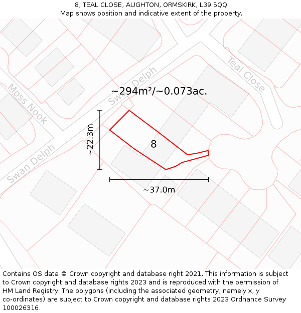 8, TEAL CLOSE, AUGHTON, ORMSKIRK, L39 5QQ: Plot and title map