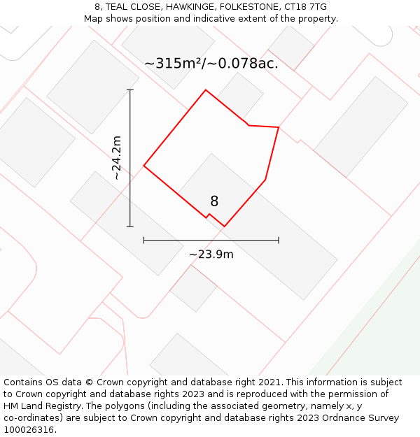 8, TEAL CLOSE, HAWKINGE, FOLKESTONE, CT18 7TG: Plot and title map