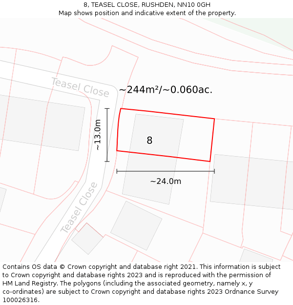 8, TEASEL CLOSE, RUSHDEN, NN10 0GH: Plot and title map