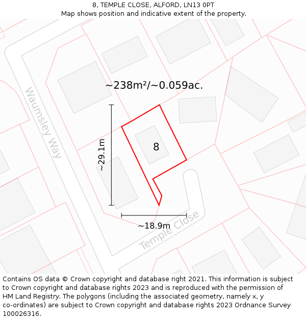 8, TEMPLE CLOSE, ALFORD, LN13 0PT: Plot and title map