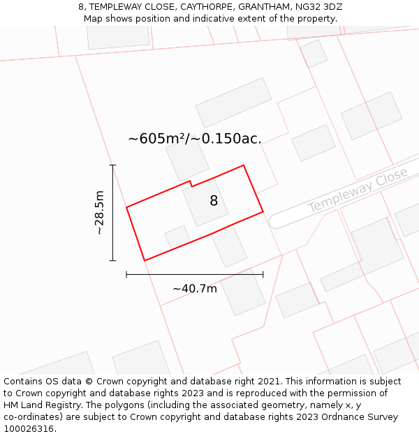 8, TEMPLEWAY CLOSE, CAYTHORPE, GRANTHAM, NG32 3DZ: Plot and title map