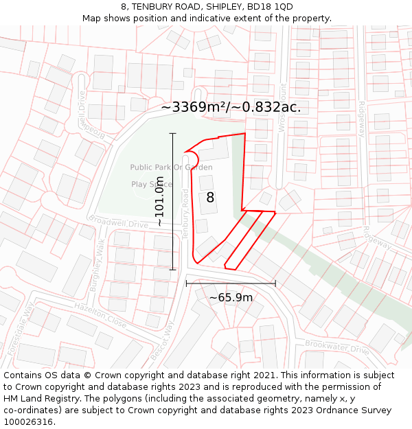 8, TENBURY ROAD, SHIPLEY, BD18 1QD: Plot and title map
