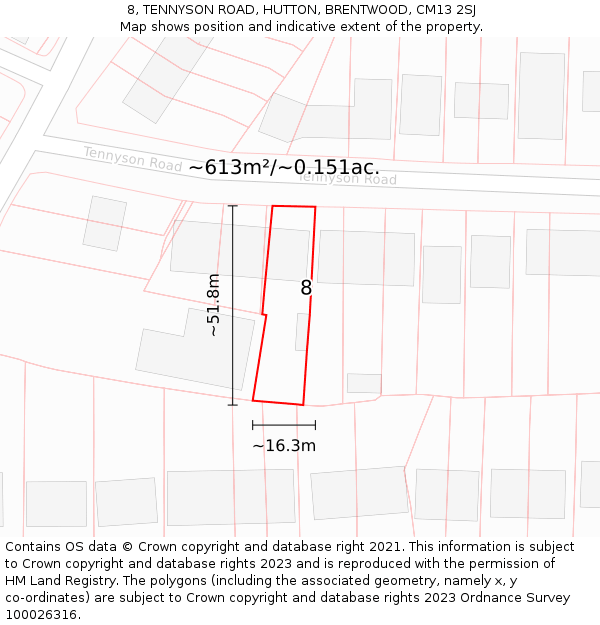 8, TENNYSON ROAD, HUTTON, BRENTWOOD, CM13 2SJ: Plot and title map