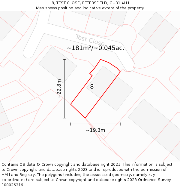 8, TEST CLOSE, PETERSFIELD, GU31 4LH: Plot and title map